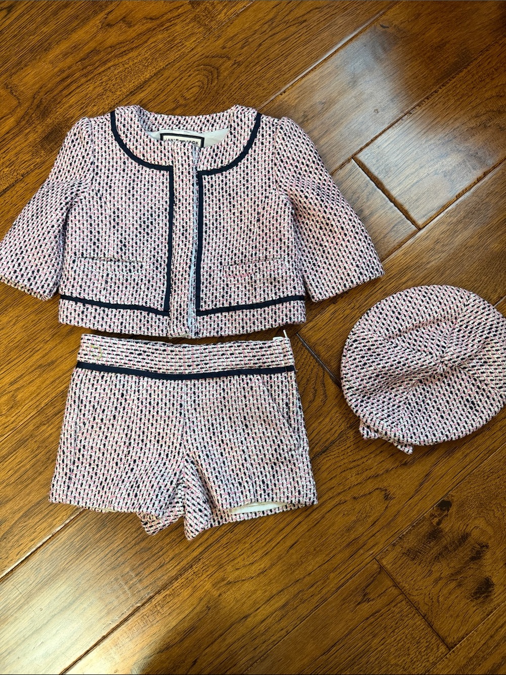 Textured Pink & Navy Tweed 3-Piece Set (Jacket, Shorts, Beret)